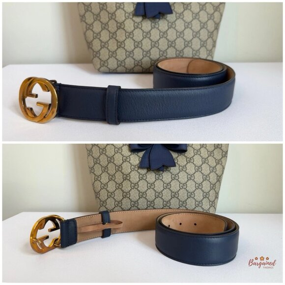Authentic Gucci Blue Leather Gold Interlocking G Buckle Belt 85/34 - Picture 8 of 13